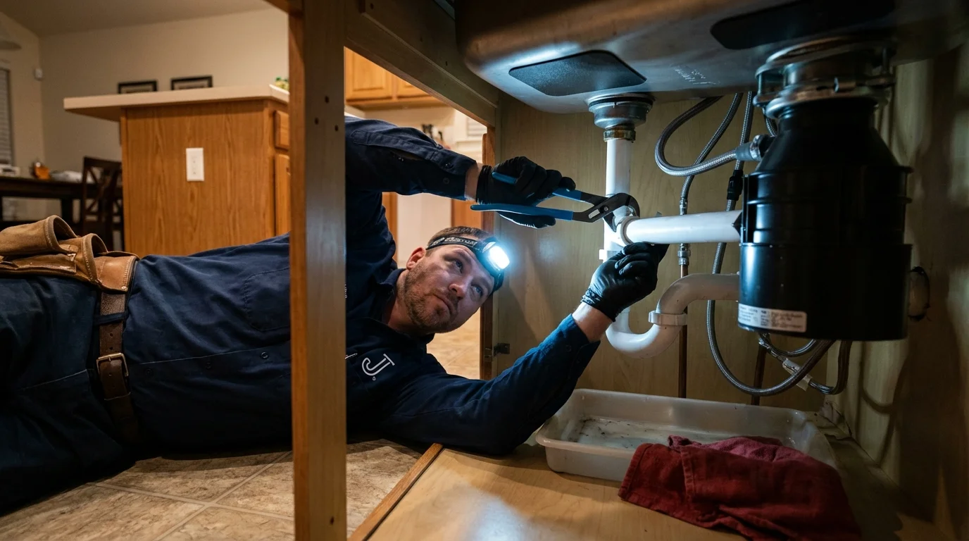 P-trap and supply line connections under a kitchen sink showing a common leak point in Lavalette, WV
